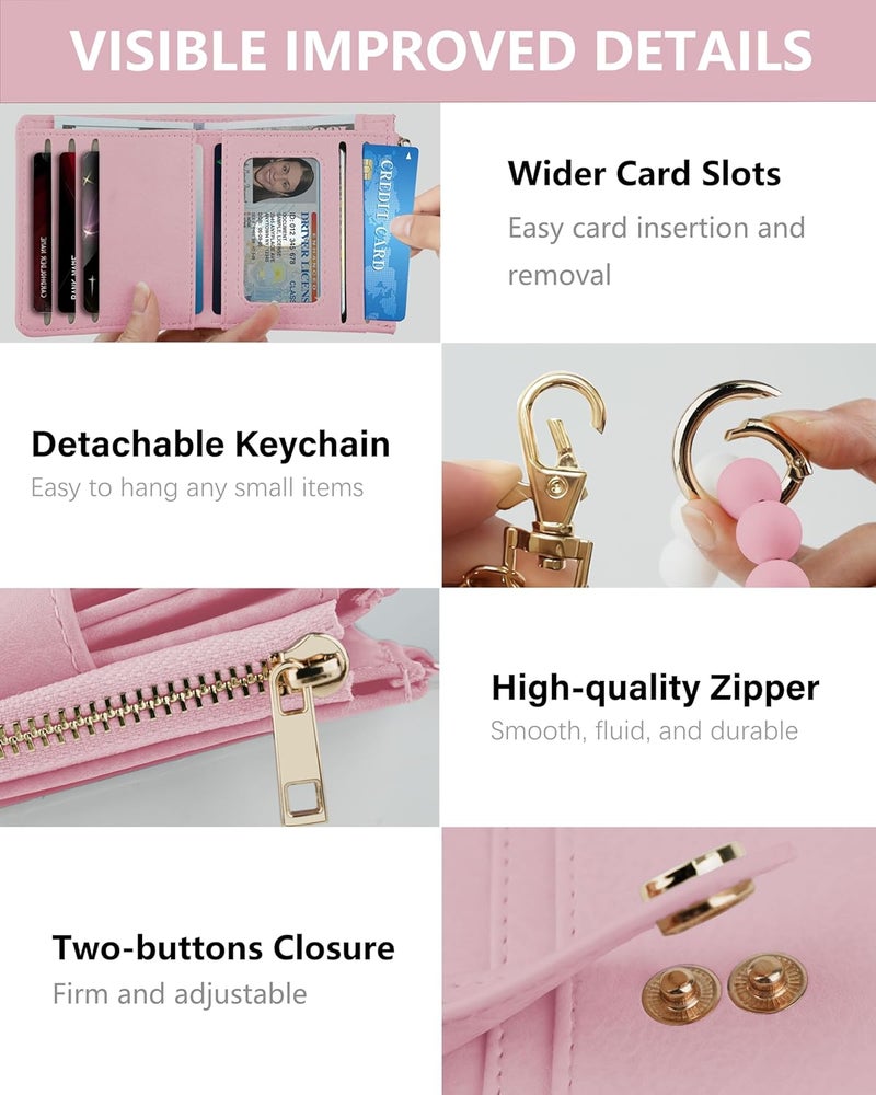 Sunpour Small Wristlet Wallets for Women Keychain Wristlet Wallet RFID Blocking Key Chain Wallet With Zipper Coin Pocket,2 Id Window(Pink) - Image 5